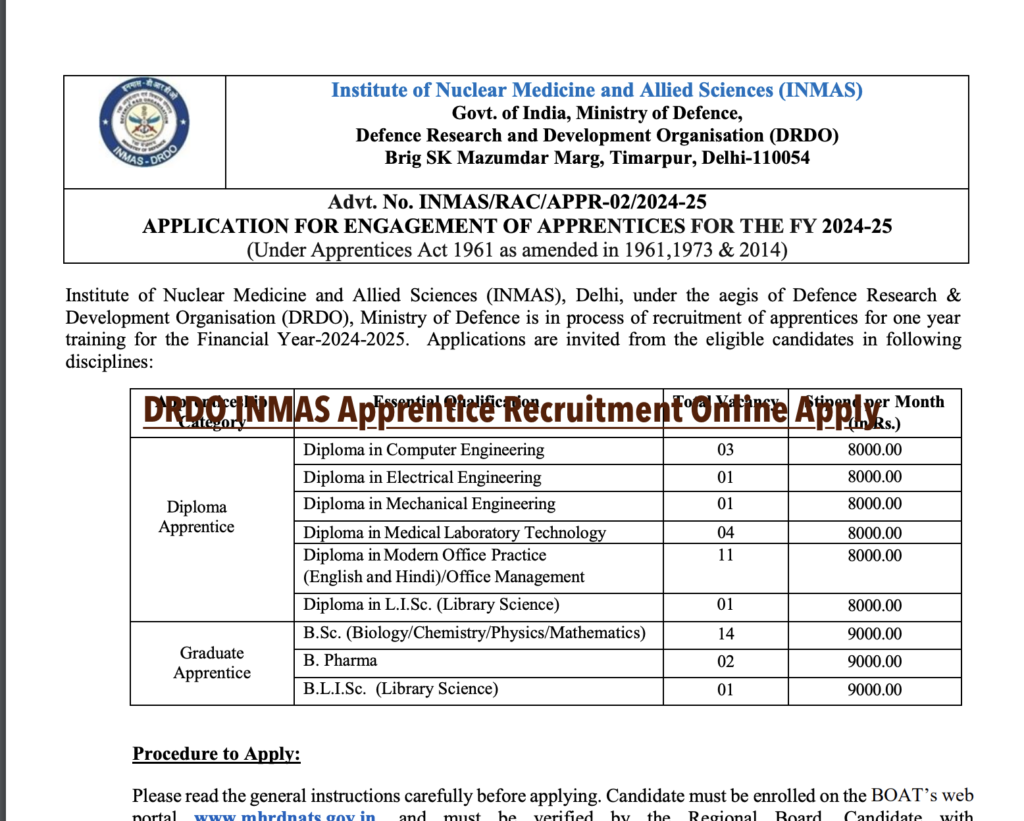 DRDO INMAS 38 Vacancy Apprentice Recruitment Online Form Fill Up